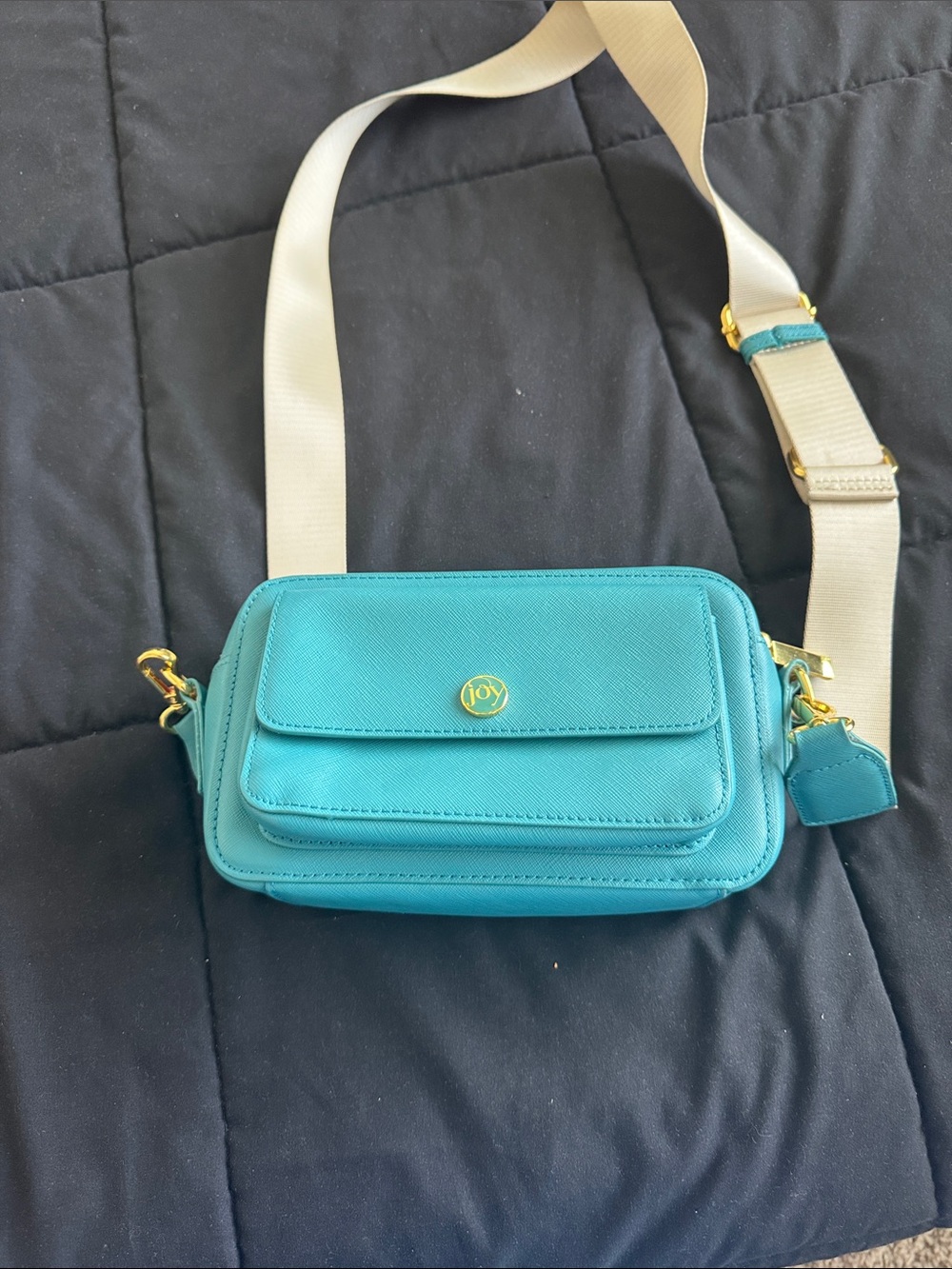Joy Mangano Turquoise Crossbody Camera Bag with Cream Strap